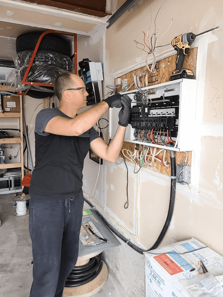 Un électricien travaillant sur un panneau de disjoncteurs dans un garage, avec des câblages apparents et des outils.