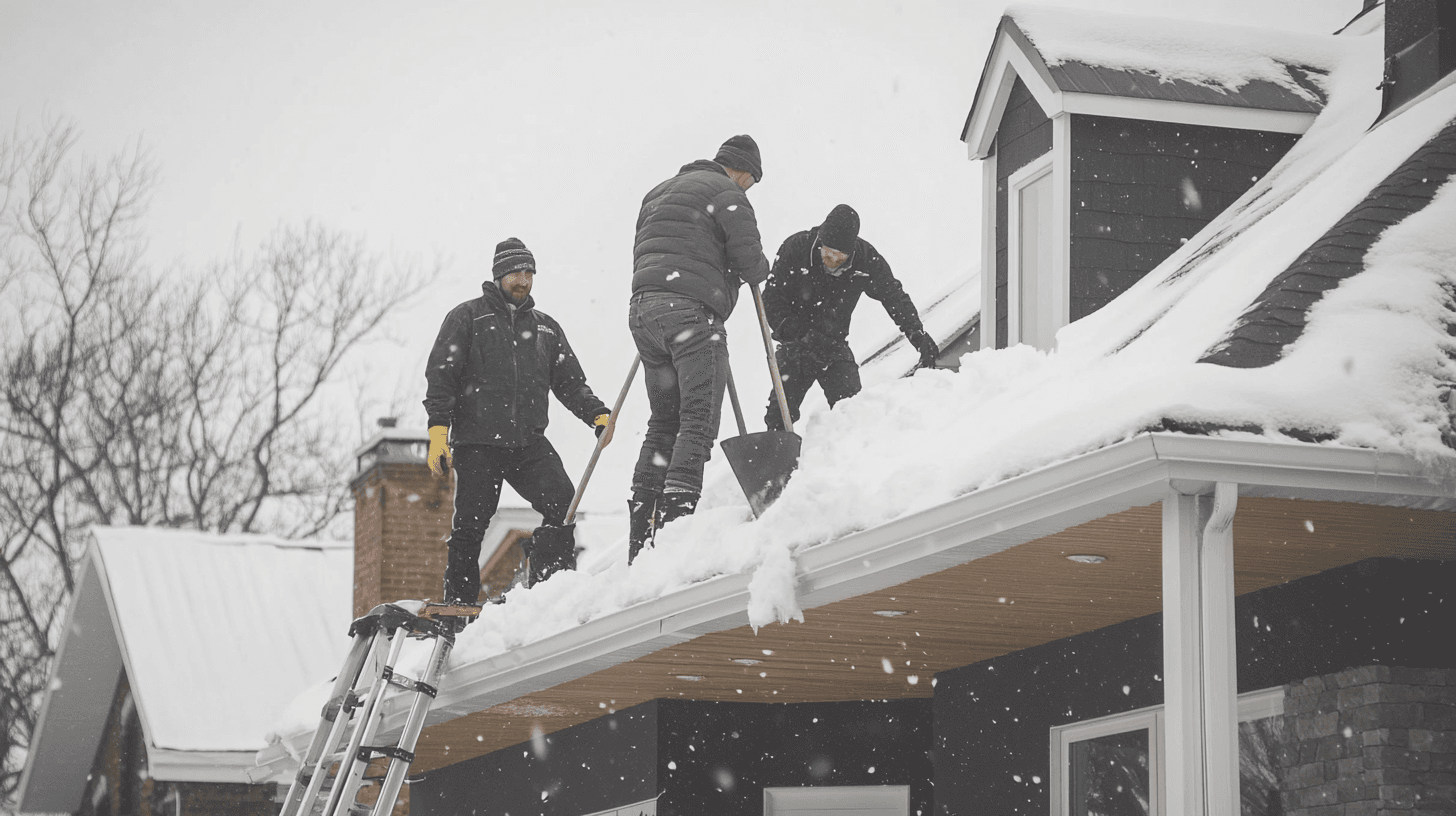 Trois hommes déneigent un toit à l'aide de pelles pendant une chute de neige.
