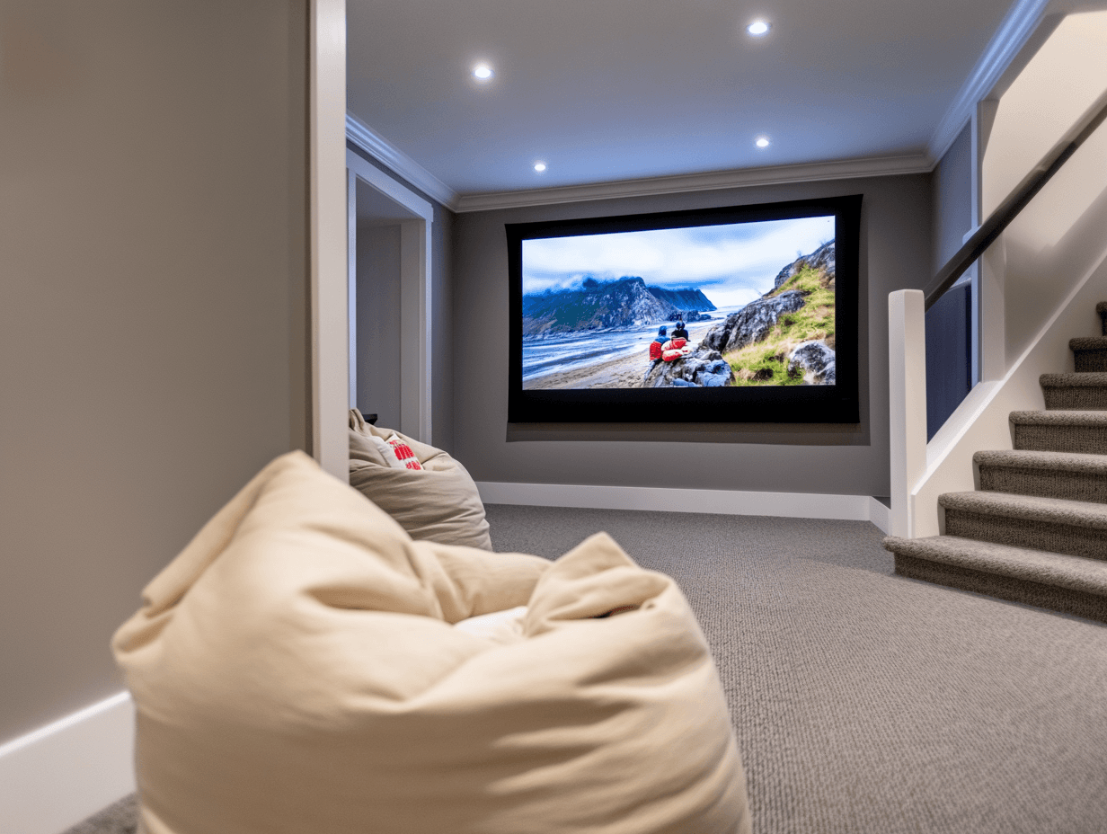 Salle de cinéma maison avec écran de projection, fauteuils poires beige, mur gris et éclairage doux, escalier moderne en moquette grise.