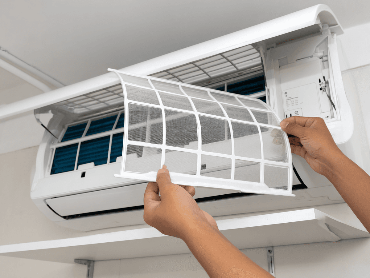 Nettoyage du filtre d’un climatiseur mural par une personne dans un intérieur domestique