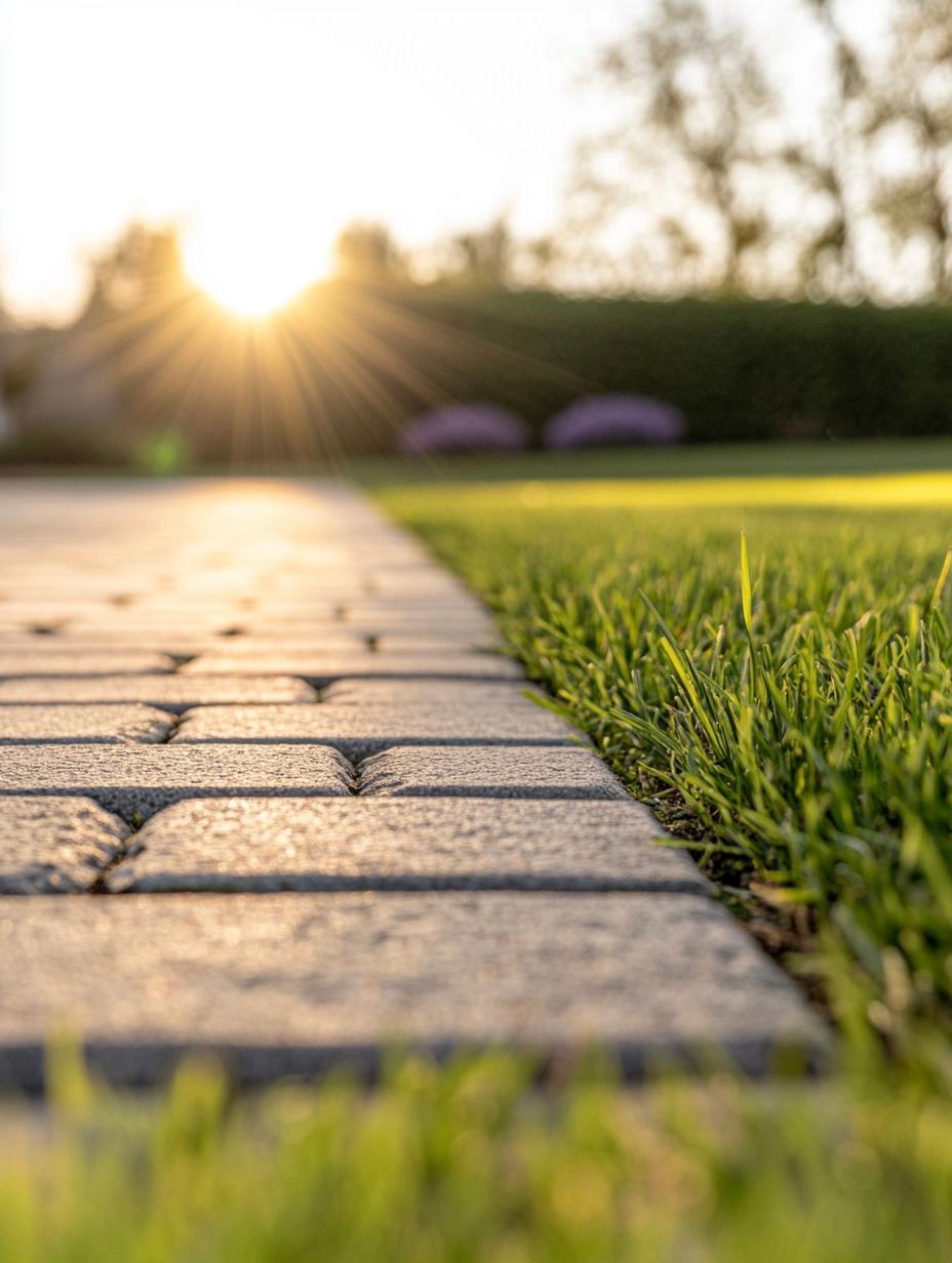 Allée en pavé-uni bordée de gazon fraîchement coupé au coucher du soleil