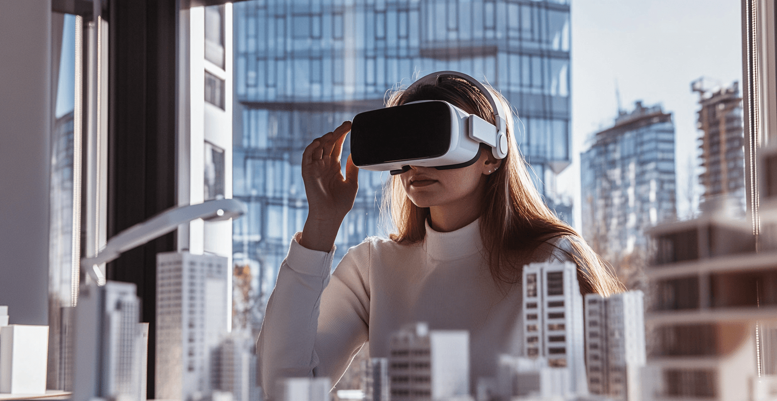 &nbsp;Architecte utilisant un casque de réalité virtuelle pour visualiser des maquettes de bâtiments urbains.