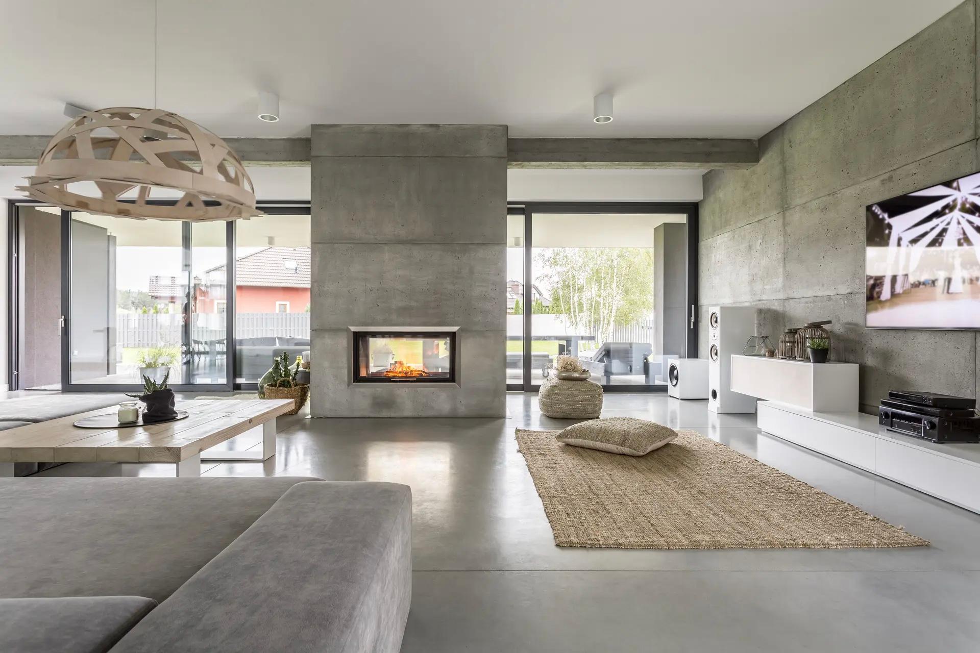 Salon moderne au style industriel avec murs en béton brut, sol en béton poli, cheminée encastrée et grandes baies vitrées donnant sur une terrasse extérieure.
