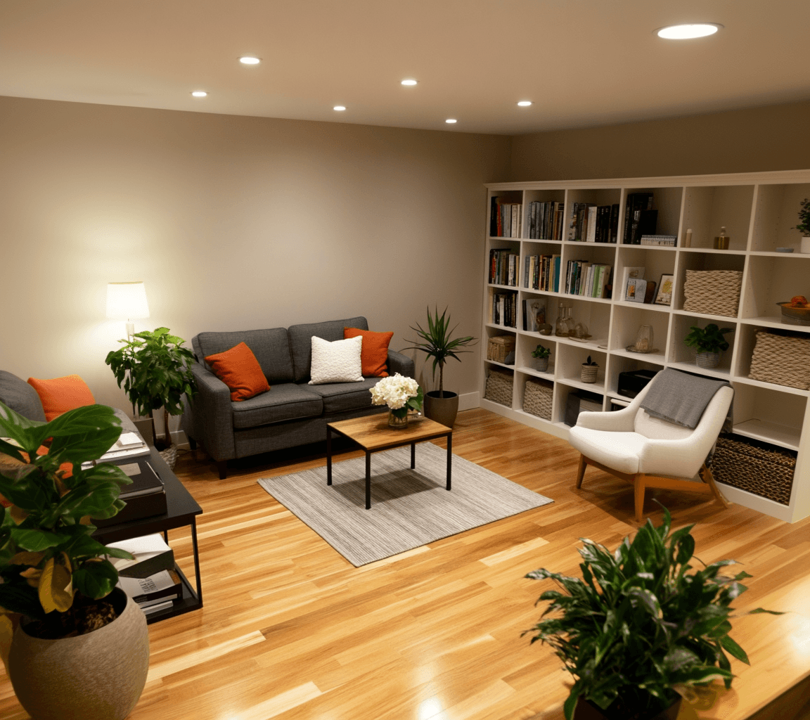 Salon moderne et chaleureux avec canapé gris, coussins orange, bibliothèque blanche, plantes d’intérieur et éclairage tamisé. Sol en bois et décoration épurée.