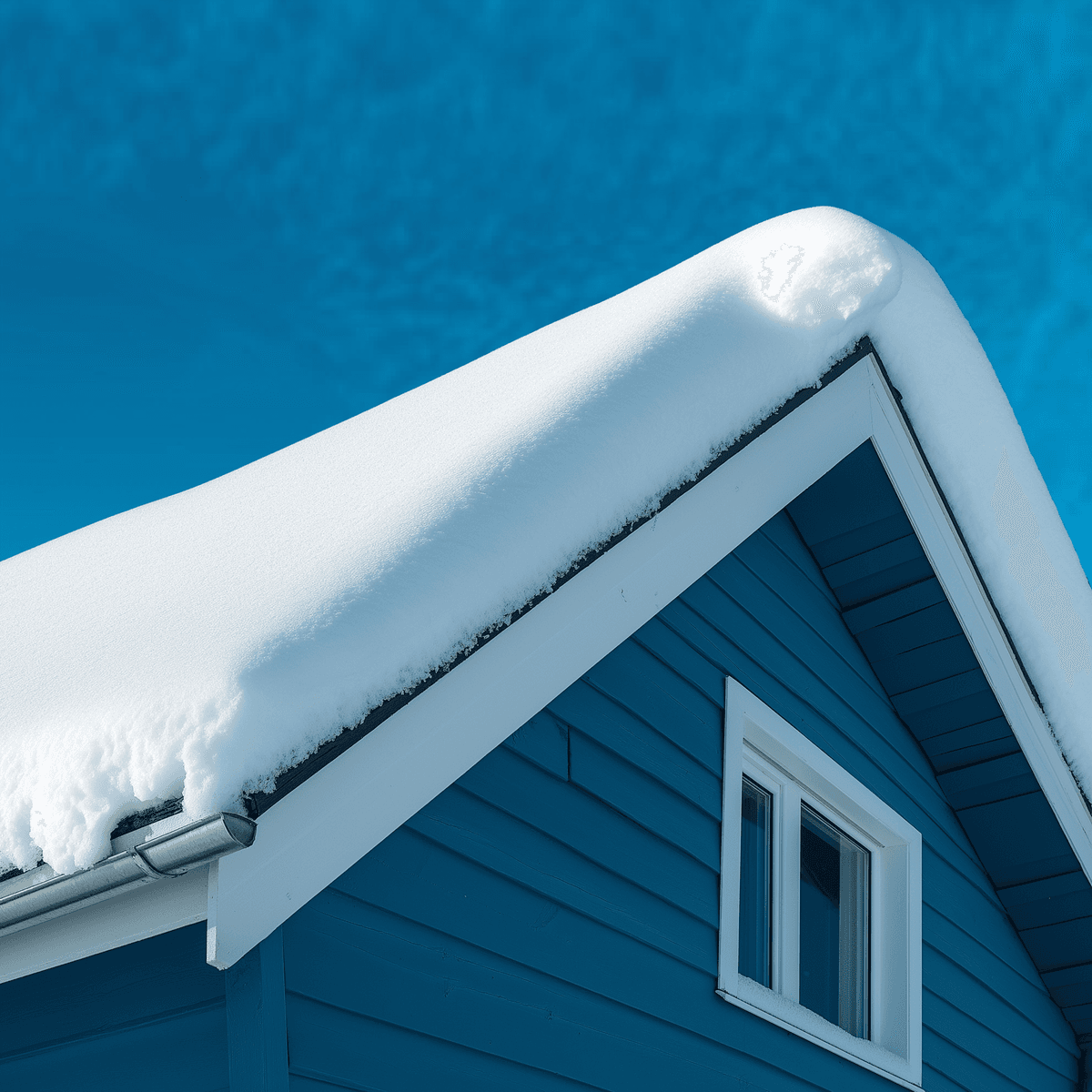 Toit enneigé d'une maison bleue en bois sous un ciel bleu clair.