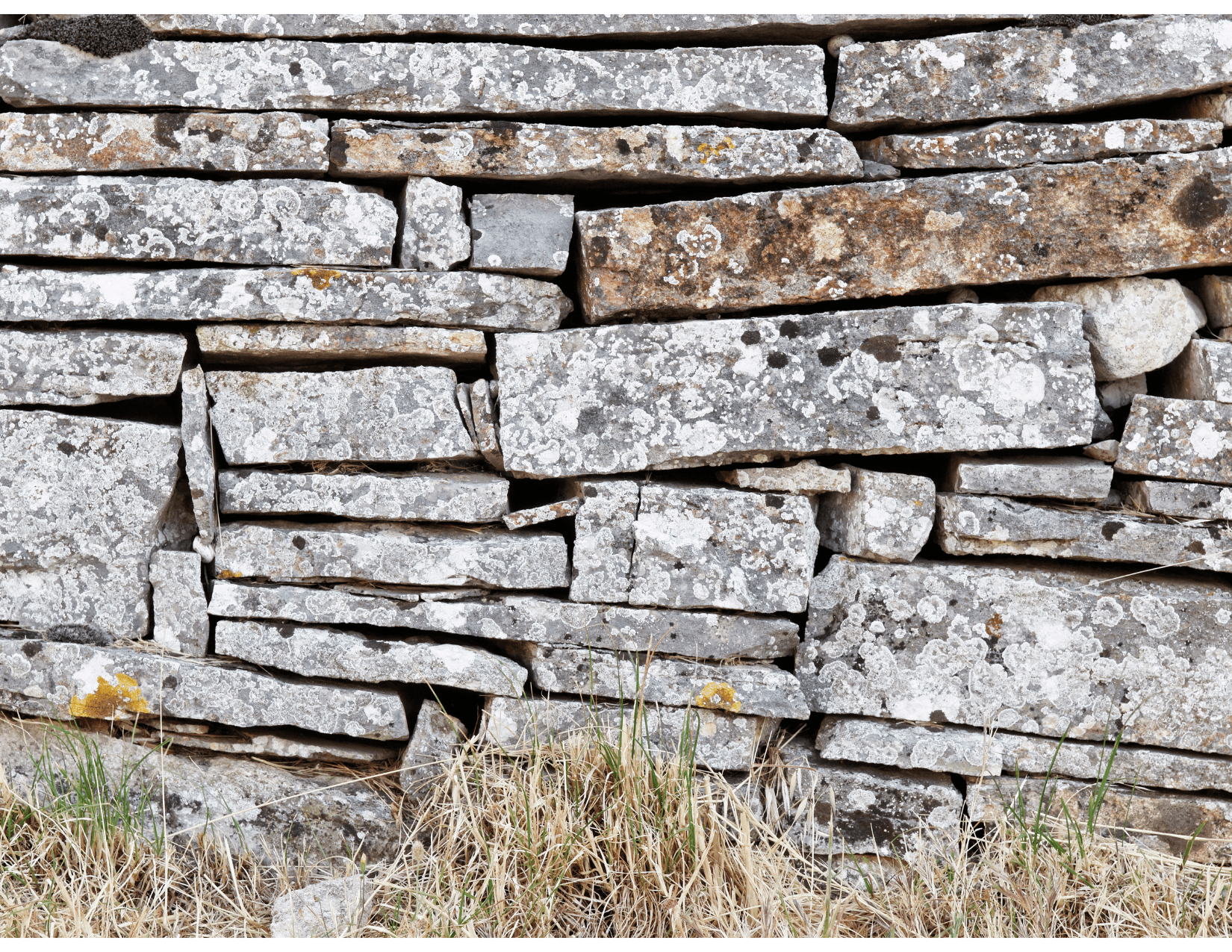 Fondations en moellons de pierre empilés, composées de blocs irréguliers aux teintes naturelles et patinées par le temps, avec de petites herbes poussant à la base, illustrant une construction traditionnelle