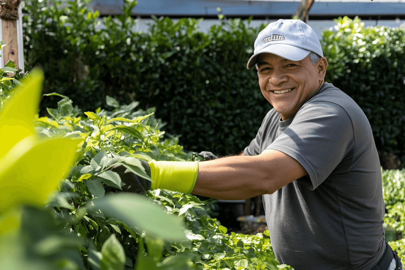 Jardinier souriant entretenant des plantes vertes avec des gants de protection.<br>