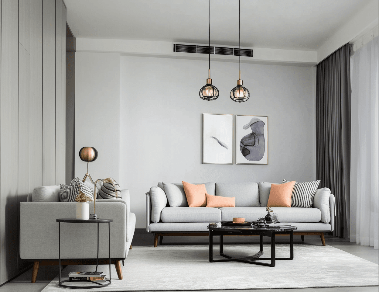 &nbsp;Salon élégant avec canapé gris, décor contemporain et bouche de ventilation de thermopompe gainable au plafond