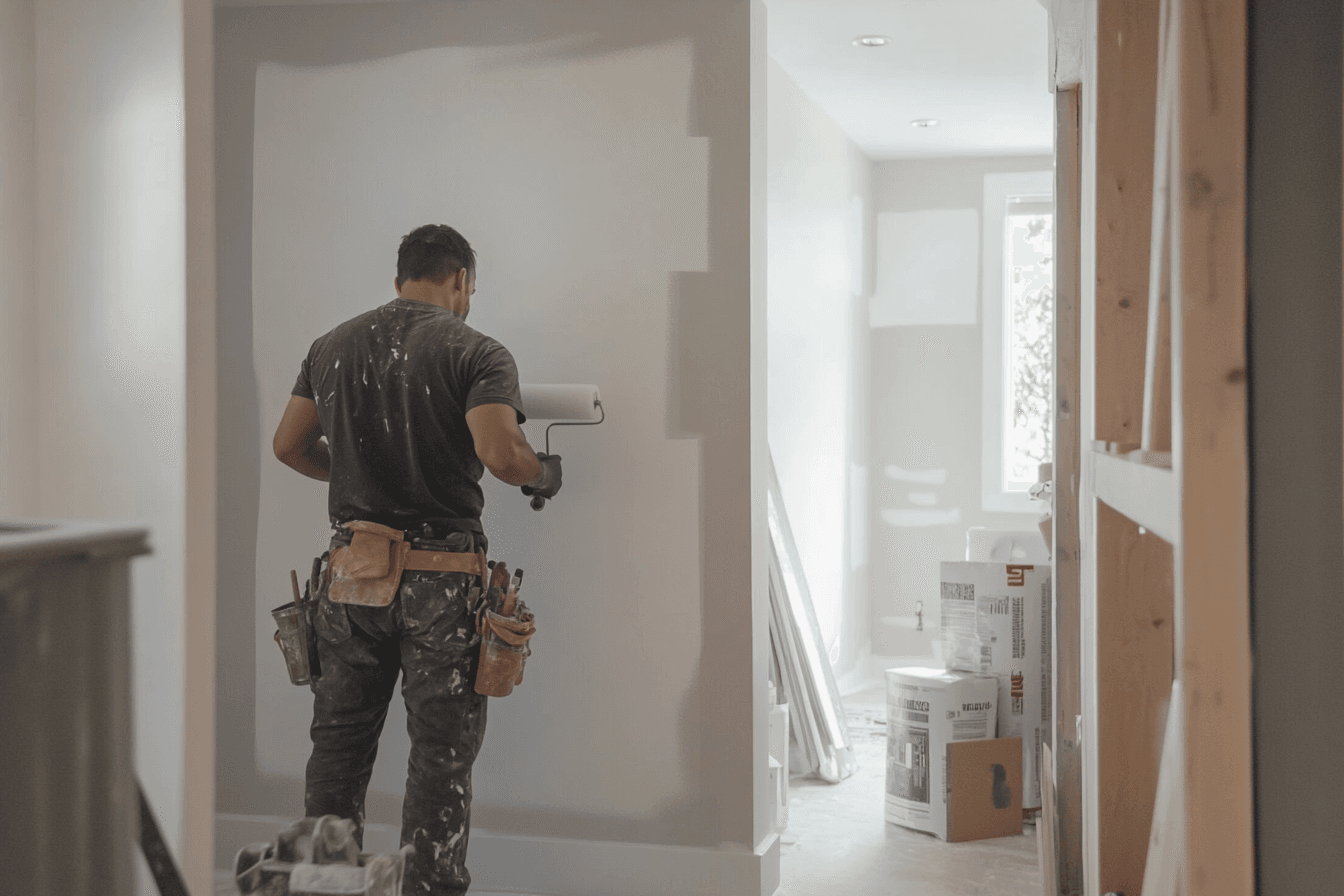 Travailleur en bâtiment peignant un mur avec un rouleau lors de la rénovation d’une maison en construction, portant une ceinture à outils.