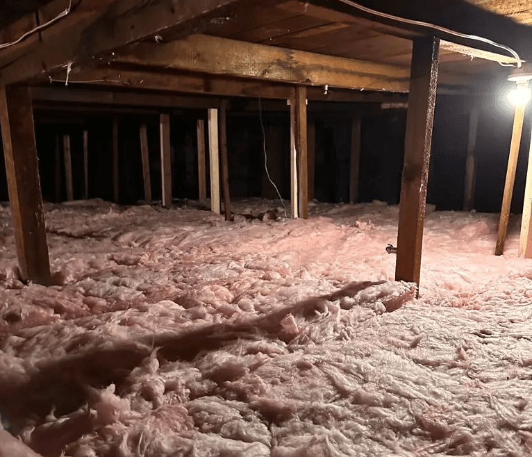 Isolation en laine de verre rose installée dans un grenier avec structure en bois apparent.