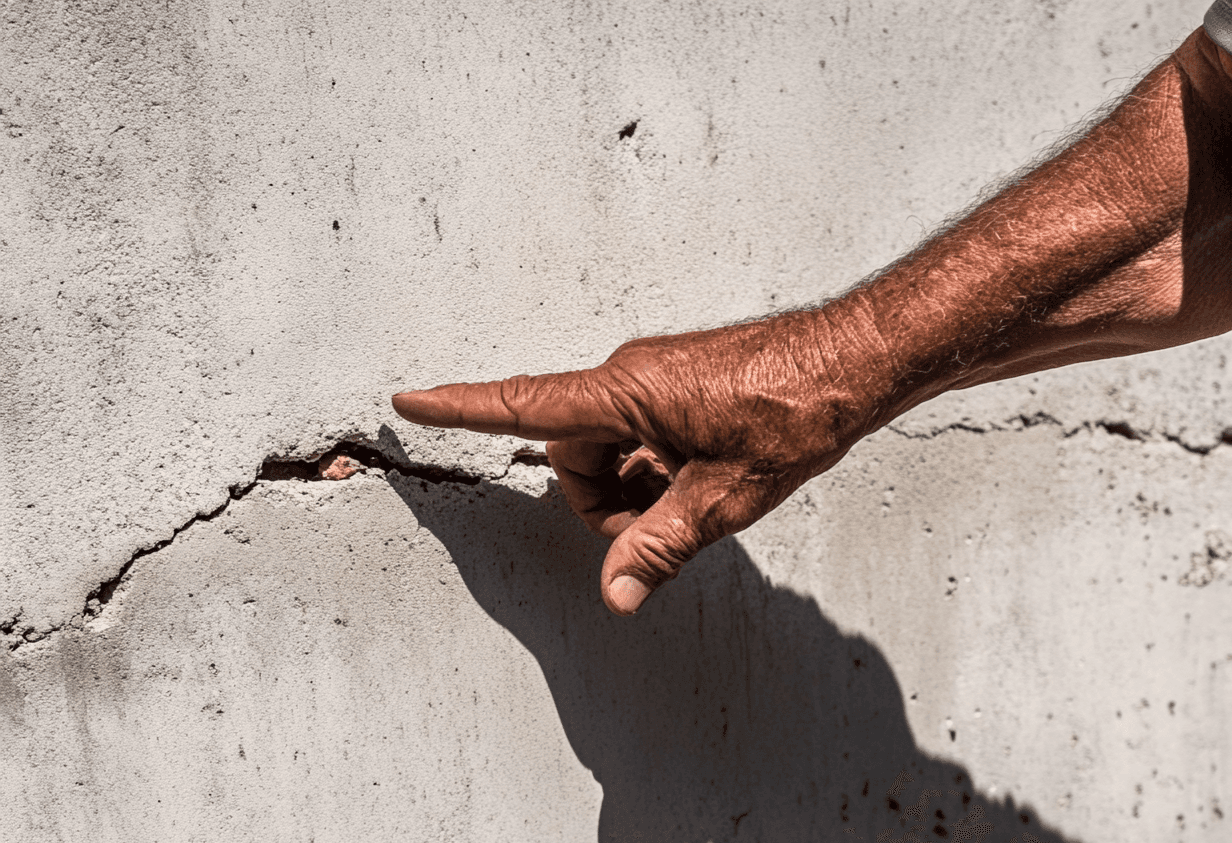 Main pointant une fissure horizontale sur une fondation en béton endommagée